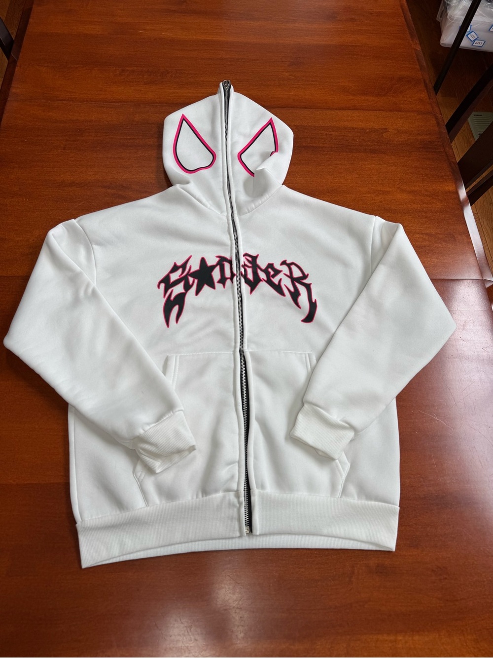 Spider Inspired Full Zip Mask Hoodie Medium White Pink Graphic Streetwear